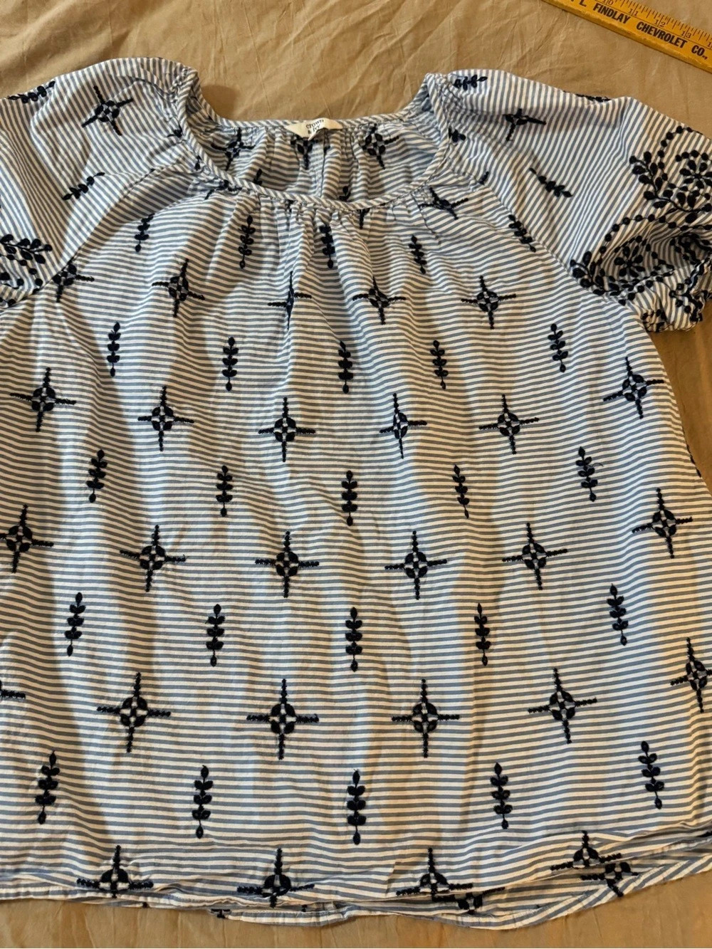 Crown & Ivy Striped Embroidered Eyelet Cotton Blouse in Blue & White Size XL